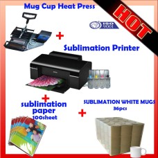 Mug Cup Heat Press Machine + Sublimation Printer + paper + White Mugs
